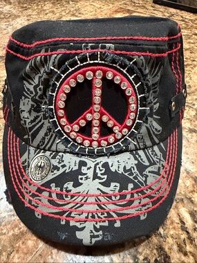 Black Canvas Peace Sign Cap with Red Stitching & Rhinestones